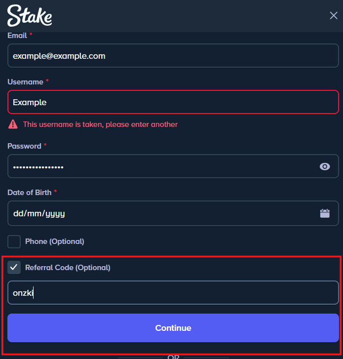 Stake registration form showing where to enter the referral code onzki